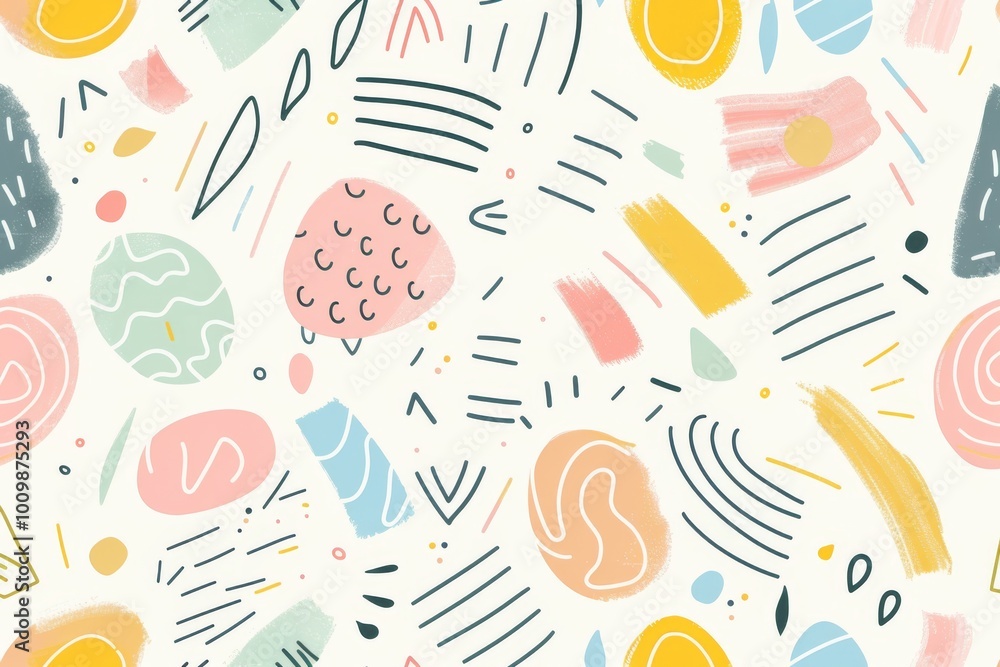 abstract pattern with various colorful, irregular shapes and lines in pastel colors like yellow, pink, blue, and green on a white background. The design is playful and dynamic. abstract pattern with various colorful, irregular shapes and lines in pastel colors like yellow, pink, blue, and green on a white background. The design is playful and dynamic.