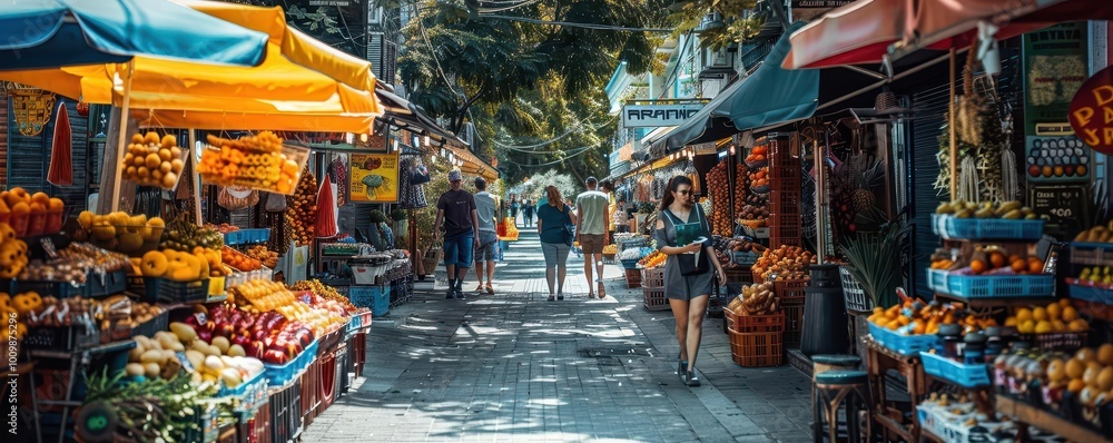 Fototapeta premium Urban street markets with diverse stalls, lively and vibrant, Urban, Bright hues, Photograph, Community life