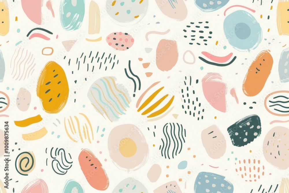 abstract pattern with various colorful, irregular shapes and lines in pastel colors like yellow, pink, blue, and green on a white background. The design is playful and dynamic. abstract pattern with various colorful, irregular shapes and lines in pastel colors like yellow, pink, blue, and green on a white background. The design is playful and dynamic.