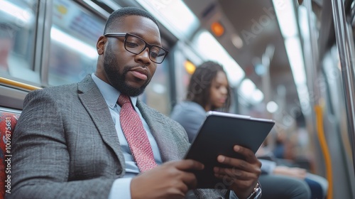 African American businessman sitting on a subway train, using a tablet for work, commuter passenger traveling for business, technology and connectivity in public transportation