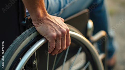 Hand on Wheelchair Wheel in Outdoor Setting