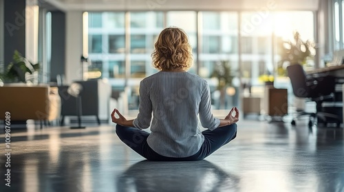 Woman Practicing Mindfulness Meditation in Modern Office Space with Natural Light and Calm Atmosphere Free Download Woman Practicing Mindfulness Meditation in Modern Office Space with Natural Light and Calm Atmosphere - GFXLoad
