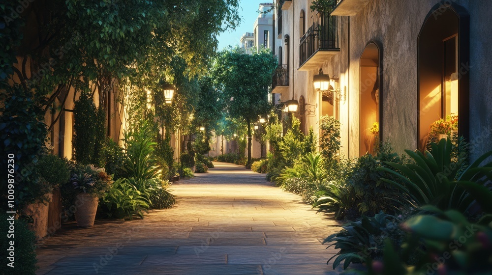 Illuminated Pathway Through a Tranquil European City Illuminated Pathway Through a Tranquil European City