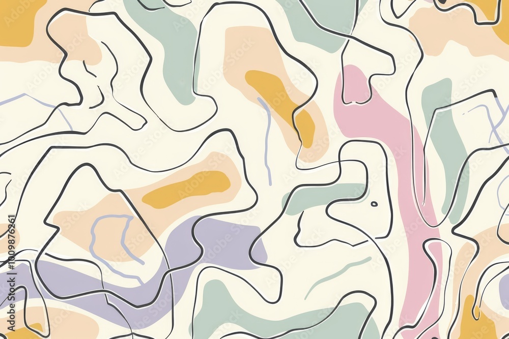 The image shows an abstract pattern with various colorful, irregular shapes and lines in pastel colors like yellow, pink, blue, and green on a white background. The design is playful and dynamic. The image shows an abstract pattern with various colorful, irregular shapes and lines in pastel colors like yellow, pink, blue, and green on a white background. The design is playful and dynamic.