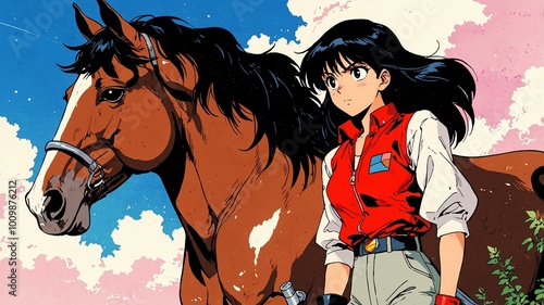 horse exterior retro anime high-quality image and aesthetic finish background