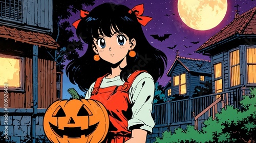 Halloween exterior retro anime high-quality image and aesthetic finish background photo