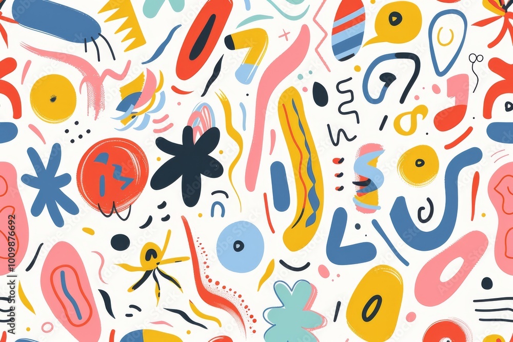 The image shows an abstract pattern with various colorful, irregular shapes and lines in pastel colors like yellow, pink, blue, and green on a white background. The design is playful and dynamic. The image shows an abstract pattern with various colorful, irregular shapes and lines in pastel colors like yellow, pink, blue, and green on a white background. The design is playful and dynamic.