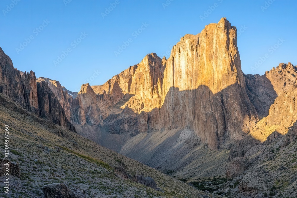 Majestic mountain peaks illuminated by sunlight in a serene valley. Majestic mountain peaks illuminated by sunlight in a serene valley.