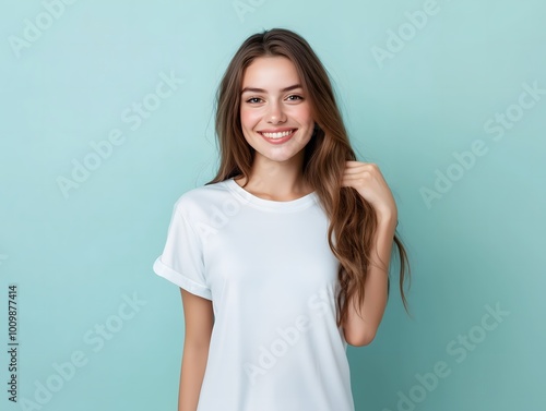 A young woman posing for a t-shirt mockup, wearing a blank , clean white shirt