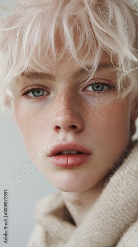 Blond androgynous person with freckles