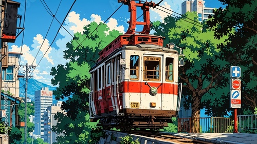 cable car exterior retro anime high-quality image and aesthetic finish background