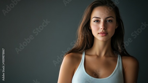 Health and Medicine Concepts - A woman wearing a white t-shirt in support of breast cancer.