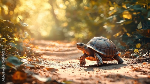   A small tortoise strolling on a dirt road amidst a dense forest with fallen leaves photo