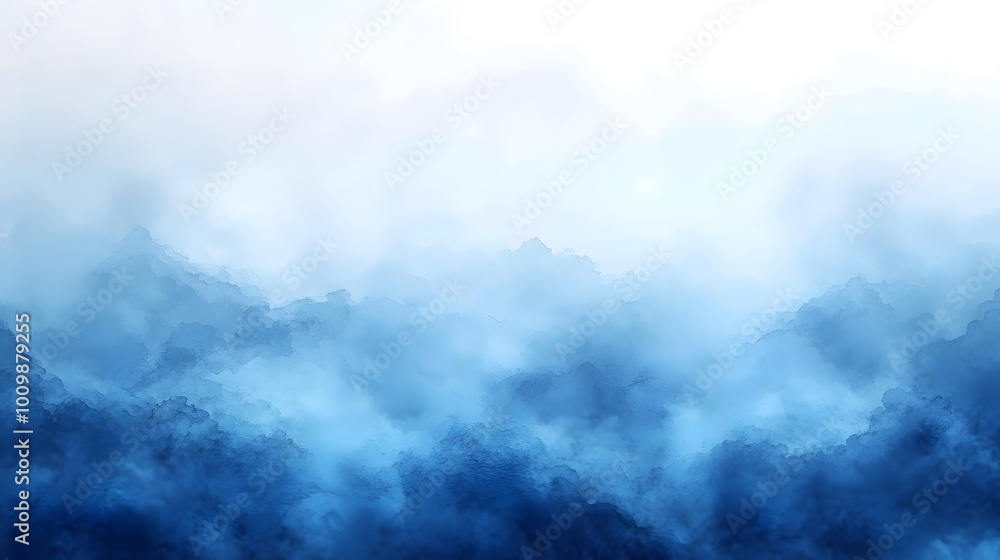 A misty mountain range with peaks shrouded in a sea of blue clouds, creating a serene and ethereal atmosphere. A misty mountain range with peaks shrouded in a sea of blue clouds, creating a serene and ethereal atmosphere.