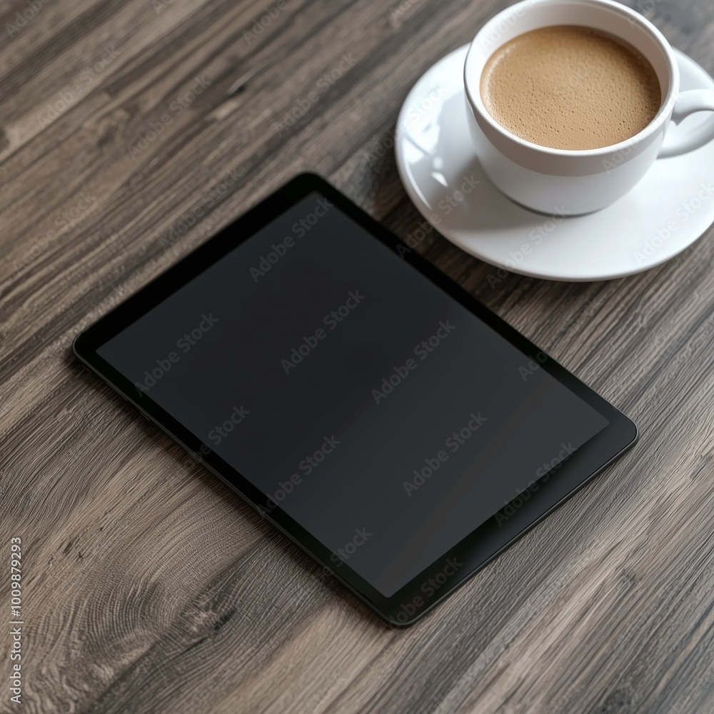 Empty tablet and a coffee on the desk. Empty tablet and a coffee on the desk.
