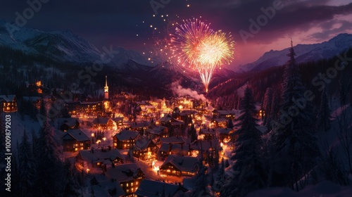 A vibrant fireworks show lights up the night sky, celebrating New Year’s Eve above a picturesque village nestled in the snow-covered mountains, creating a festive atmosphere