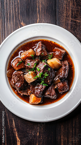 Beef stew with potatoes, onions, and herbs served on a white plate on a dark brown wooden table