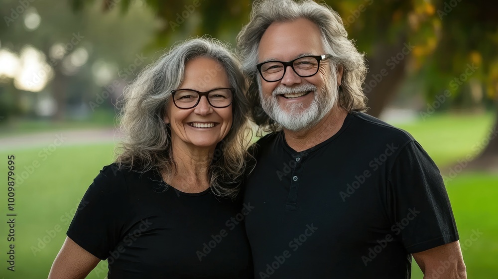 A smiling older couple wearing glasses and black shirts stand close together in a park. A smiling older couple wearing glasses and black shirts stand close together in a park.