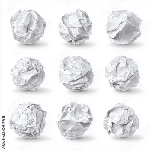 Set of crumpled paper balls isolated on white background.