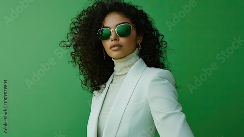 A woman with curly hair and sunglasses looking confidently at the camera.