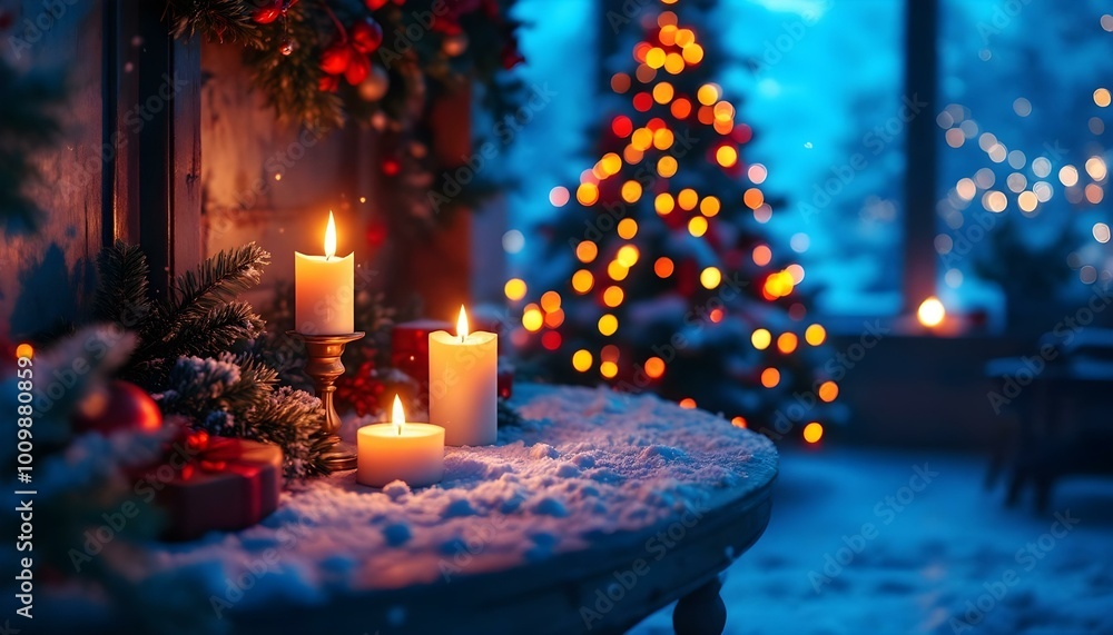 Lit candles surrounded by a winter landscape and a glowing Christmas tree, creating a cozy holiday atmosphere Lit candles surrounded by a winter landscape and a glowing Christmas tree, creating a cozy holiday atmosphere