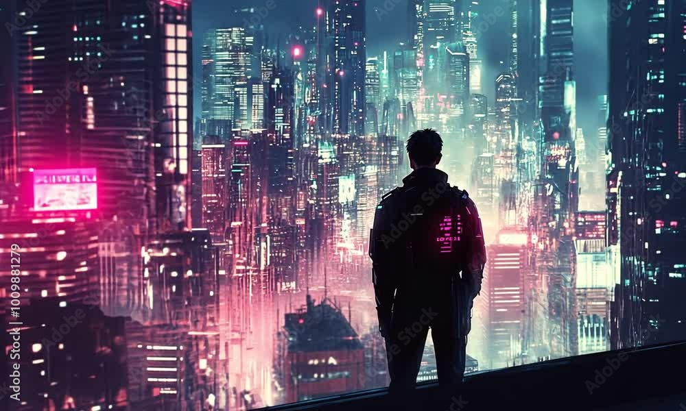 Futuristic Cityscape with a lone figure looking over the urban landscape Futuristic Cityscape with a lone figure looking over the urban landscape