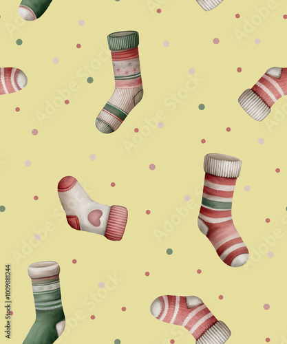 Charming Watercolor Christmas Seamless Pattern Featuring Cozy Stockings, Festive Ribbons, and Cheerful Berries for Delightful Holiday Packaging and Print Designs,socks