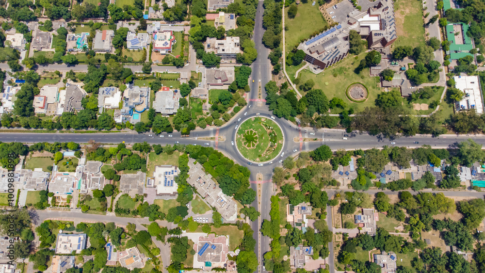 Fototapeta premium Aerial view of chandigarh city and sukhna chowk in Punjab is a planned Indian city. 