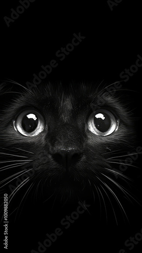 Vertical phone wallpaper featuring a close up black and white photo of a cute cat face with big eyes and long whiskers. Cute black cat wallpaper.