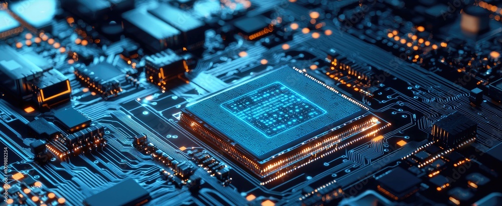 Fototapeta premium Close-up of a glowing blue processor chip on a circuit board.