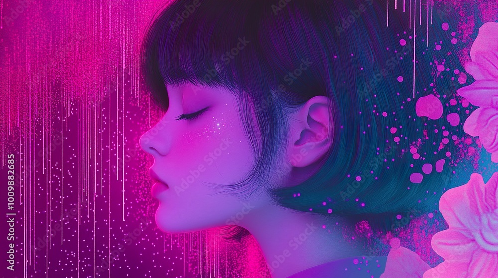 Digital Portrait of a Woman in Pink and Blue Neon Lights Digital Portrait of a Woman in Pink and Blue Neon Lights