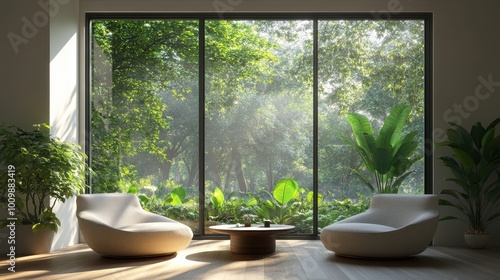 Bright and airy interior featuring large bay window with lush greenery outside. minimalist design enhances natural light, creating serene atmosphere