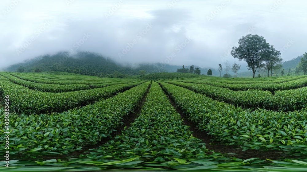 An immersive 360-degree panorama of a tranquil tea plantation, with lush green fields of tea bushes and mist-shrouded An immersive 360-degree panorama of a tranquil tea plantation, with lush green fields of tea bushes and mist-shrouded