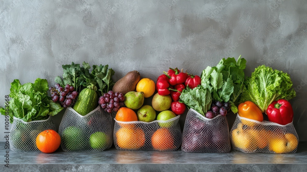 Create a still life composition featuring a variety of fresh produce displayed in reusable mesh produce bags, encouraging waste-free grocery Create a still life composition featuring a variety of fresh produce displayed in reusable mesh produce bags, encouraging waste-free grocery