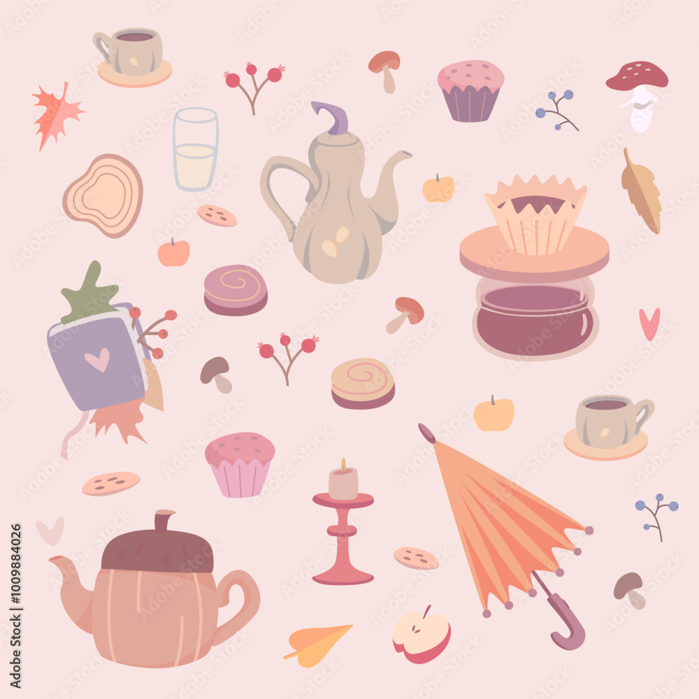 A set symbolizing autumn coziness and warmth A set symbolizing autumn coziness and warmth
