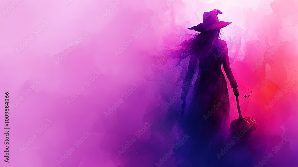 Enchanting Witch Decorating Broom with Cobwebs and Bats, Halloween Watercolor Illustration with Glowing Pumpkins and Copy Space for Text Enchanting Witch Decorating Broom with Cobwebs and Bats, Halloween Watercolor Illustration with Glowing Pumpkins and Copy Space for Text