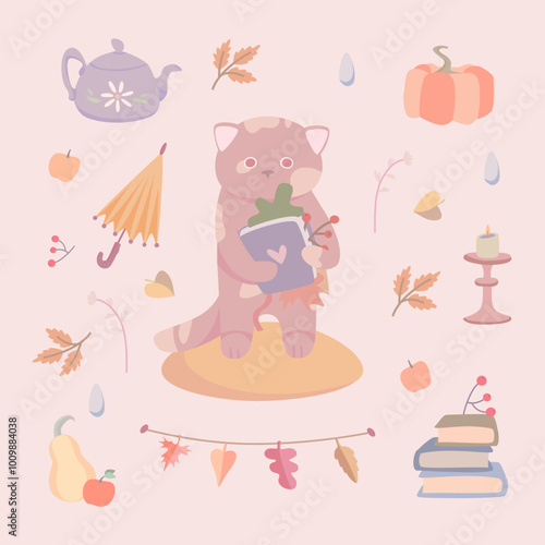 Cute cat with a notebook, autumn coziness and mood