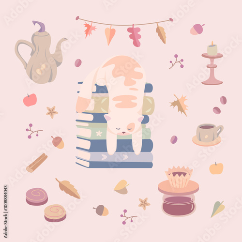 A cute cat on a stack of books, an autumn cozy pastime with hot drinks