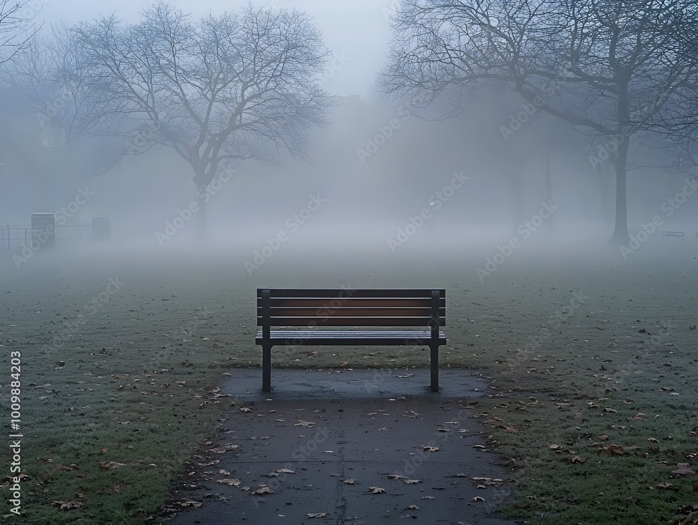 A lone bench sits on a foggy path in a park, with bare trees silhouetted in the distance. A lone bench sits on a foggy path in a park, with bare trees silhouetted in the distance.