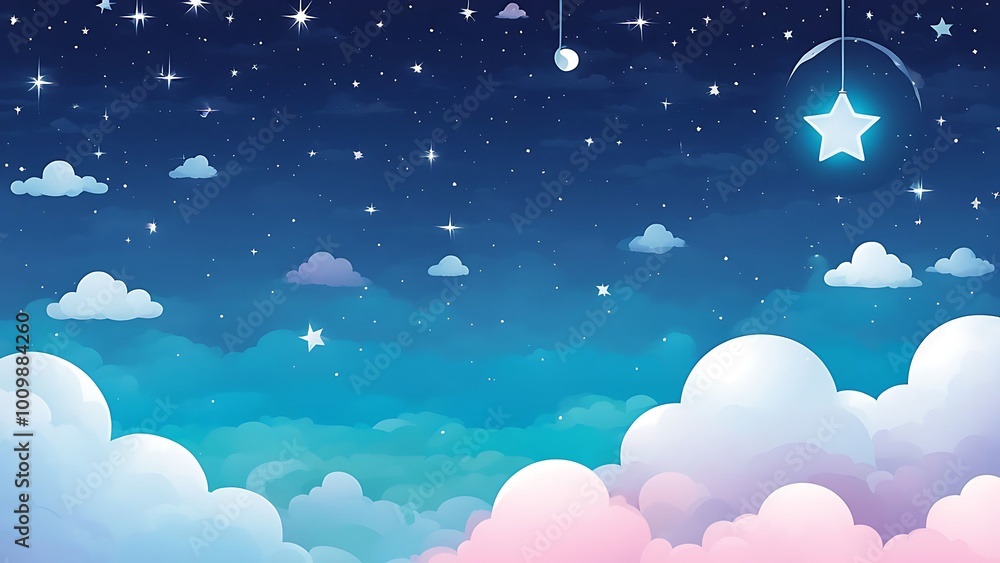 Dreamy Night Sky with Hanging Star and Clouds Dreamy Night Sky with Hanging Star and Clouds