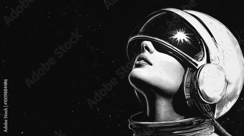 glamorous woman in a retro-style space helmet, vintage aesthetics with a futuristic astronaut theme sketch engraving generative ai raster illustration. Scratch board imitation. Black and white image.