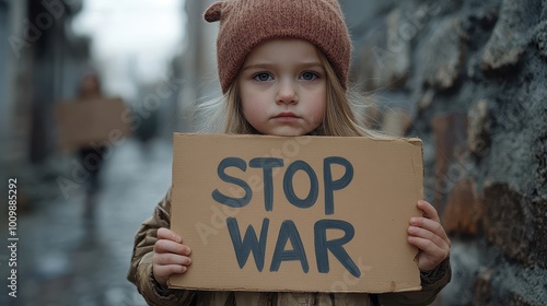 A little girl holding a sign with the word stop war. Kid protesting against war and violence, World peace, No war photo