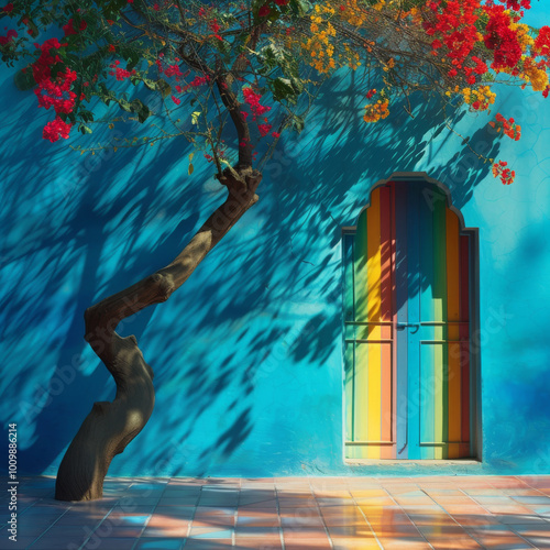 A colored door set in a vibrant blue wall, with a tree full of red flowers extending above, casting delicate shadows on the surface. The scene is lit by warm sunlight, highlighting the vibrant