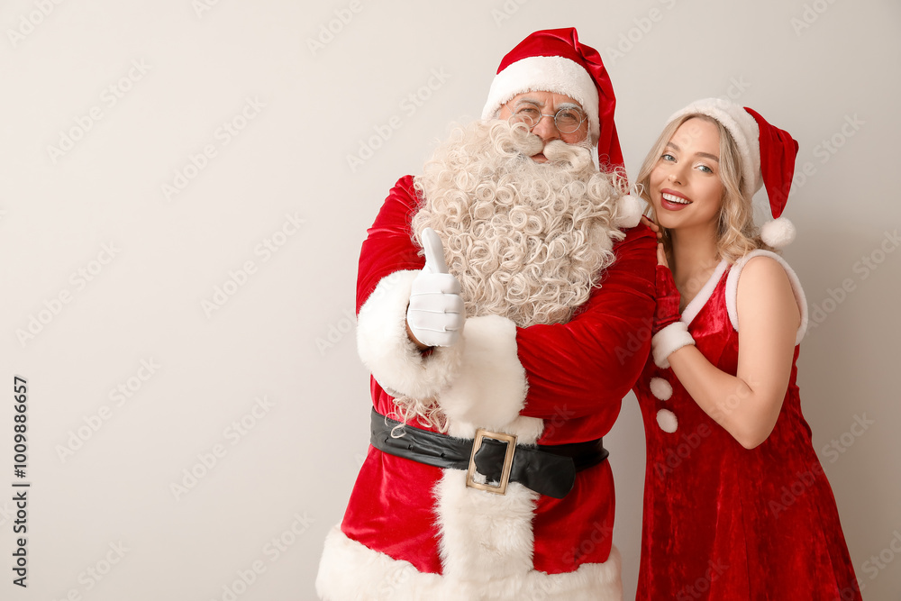 Santa Claus with beautiful woman showing thumb-up on white background Santa Claus with beautiful woman showing thumb-up on white background
