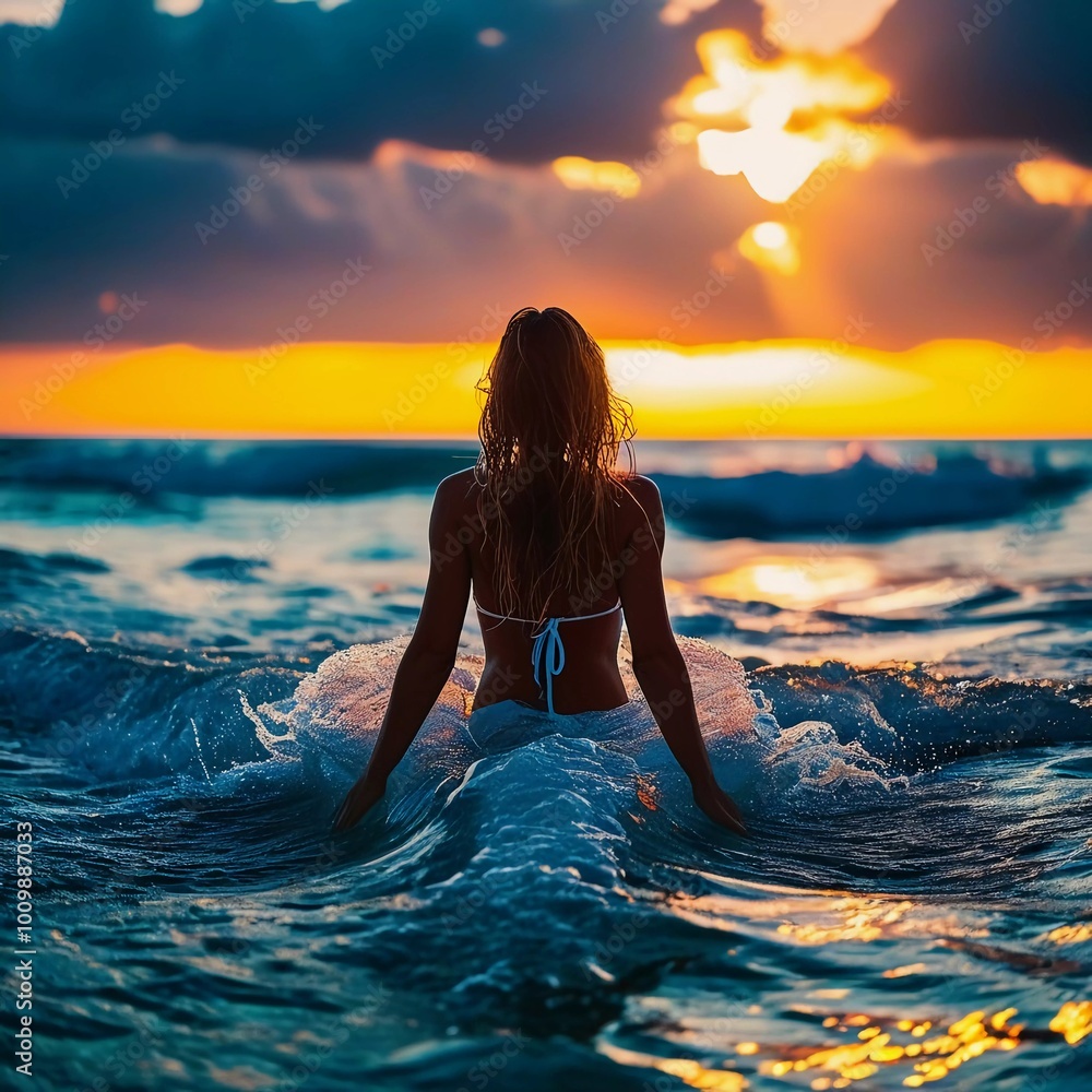 As the sun sets, a beautiful young sexy woman wades into the sea waves, enjoying the warm water and breathtaking colors of the evening sky. A serene moment filled with natural beauty. Generative AI As the sun sets, a beautiful young sexy woman wades into the sea waves, enjoying the warm water and breathtaking colors of the evening sky. A serene moment filled with natural beauty. Generative AI