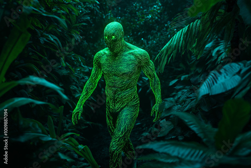 Fototapeta Naklejka Na Ścianę i Meble -  Futuristic humanoid figure with glowing green eyes in a dense jungle