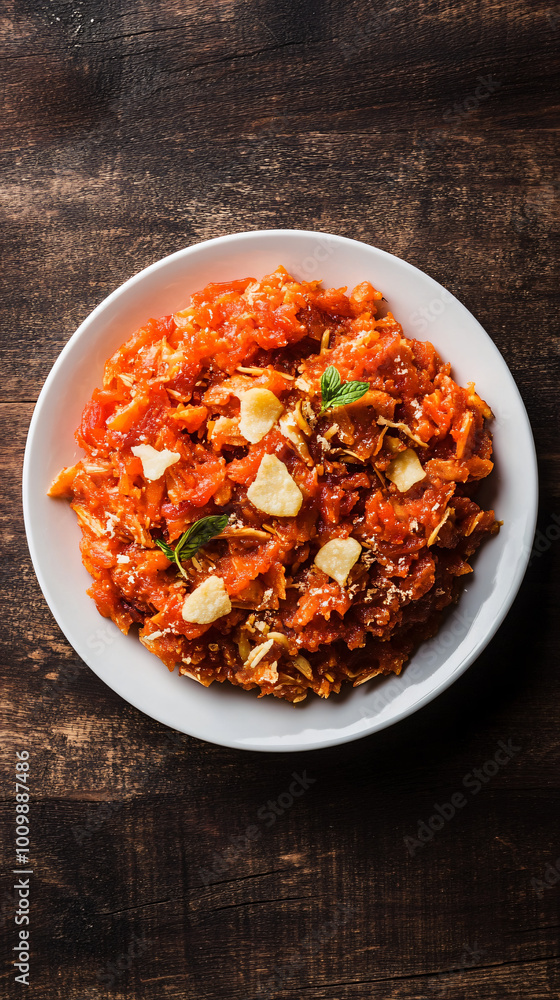 Gajar ka halwa presented on a white dish atop a dark wooden table, adorned with almonds and pistachios Gajar ka halwa presented on a white dish atop a dark wooden table, adorned with almonds and pistachios