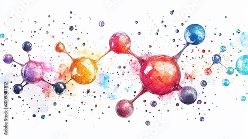 A vibrant and colorful artistic representation of molecular structures using interconnected spheres and lines, conveying a sense of scientific wonder and abstraction.