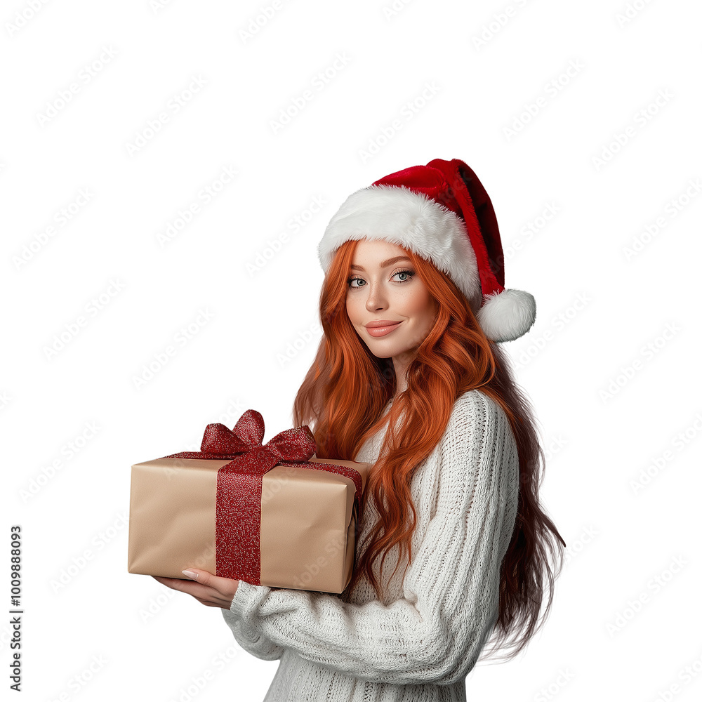 Beautiful Attractive Woman Wavy Hair Wearing Christmas Santa Hat Isolated on Transparent Background Beautiful Attractive Woman Wavy Hair Wearing Christmas Santa Hat Isolated on Transparent Background