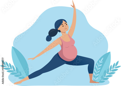Young pregnant woman doing sport exercises stretching body. Vector flat illustration